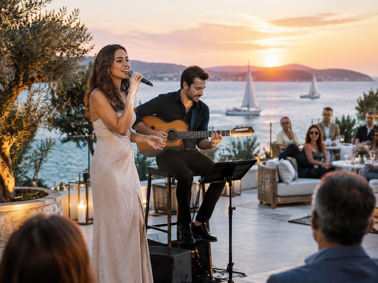 Imagen creada de una cantante y un guitarrista actuando en una terraza al atardecer