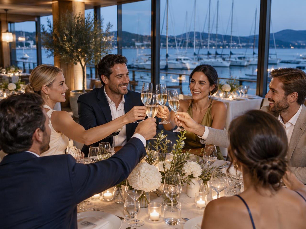 Imagen creada de invitados brindando durante una celebración frente al puerto
