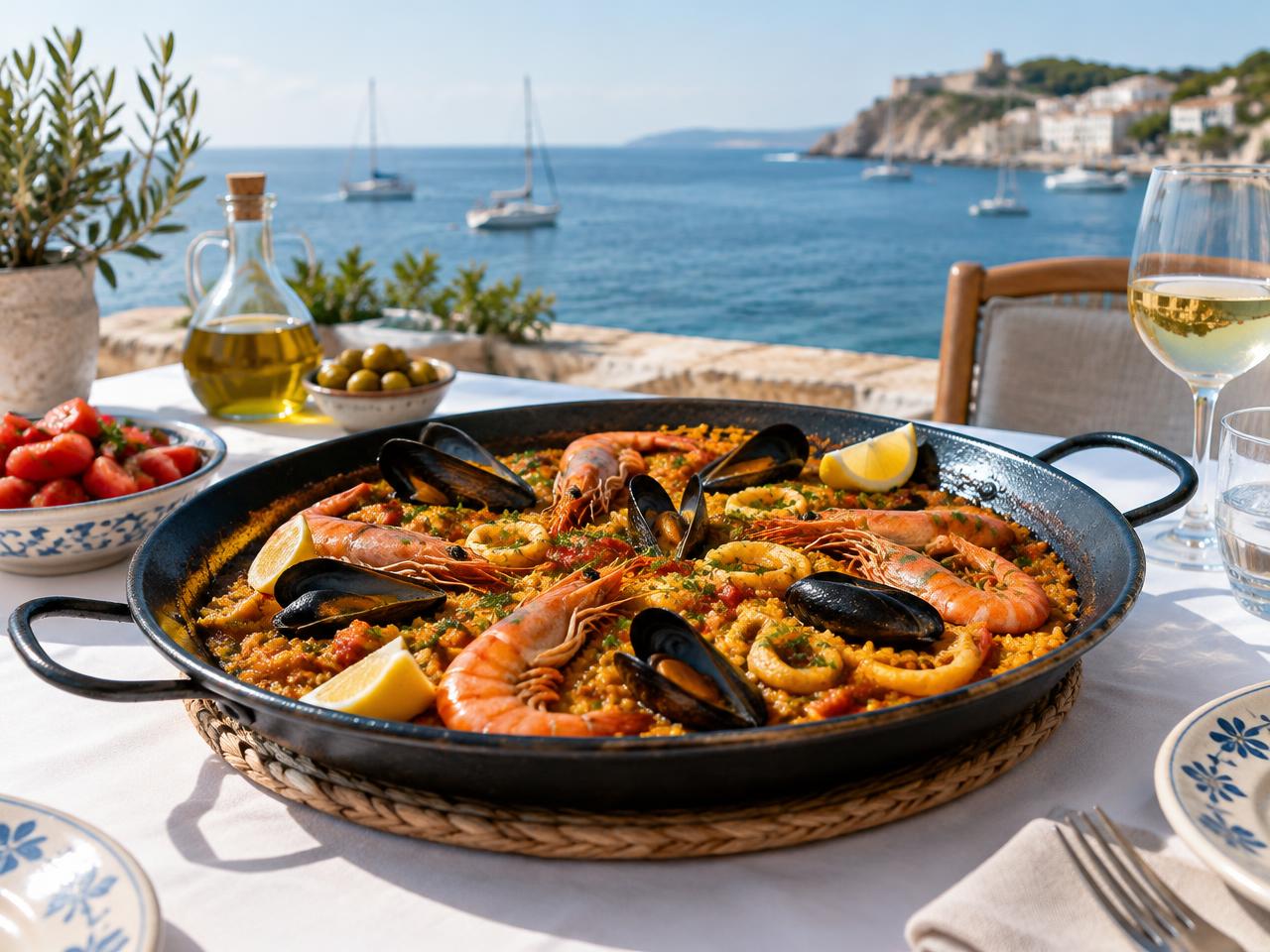 Imagen creada de una paella de marisco servida en una mesa junto al Mediterráneo